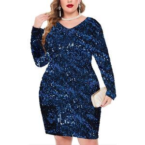 Womens XL Sequin Dress V Neck Cocktail Dress blue long sleeve above the knee